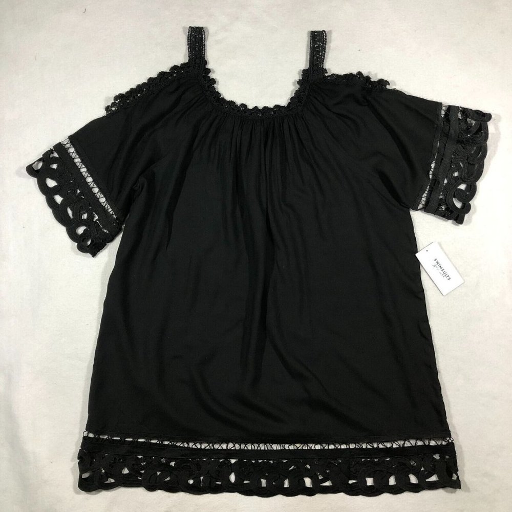 Swimsuits for All Cover Up Womens 14/16 Plus Black Lace Trim Dress Sleeve NEW
